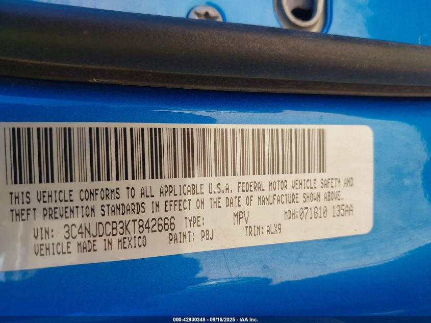 2019 Jeep Compass Limited 4X4 VIN: 3C4NJDCB3KT842666 Lot: 42930348
