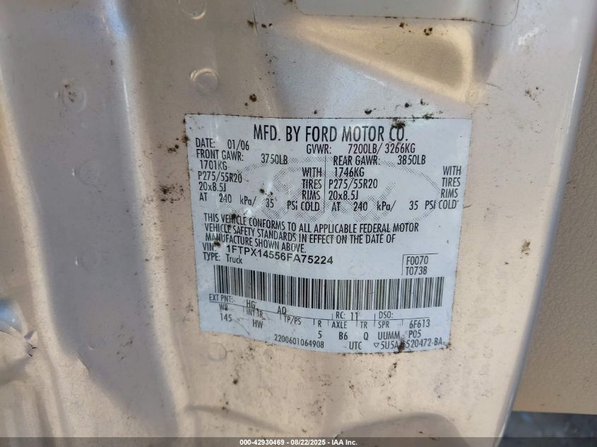 2006 Ford F-150 Fx4/Lariat/Xl/Xlt VIN: 1FTPX14556FA75224 Lot: 42930469