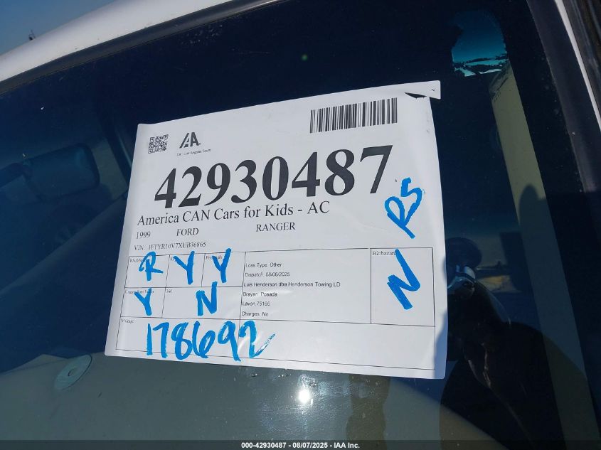 1999 Ford Ranger Xl/Xlt VIN: 1FTYR10V7XUB36865 Lot: 42930487