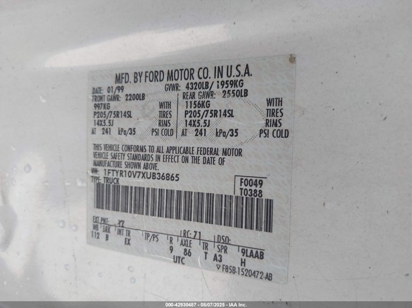 1999 Ford Ranger Xl/Xlt VIN: 1FTYR10V7XUB36865 Lot: 42930487