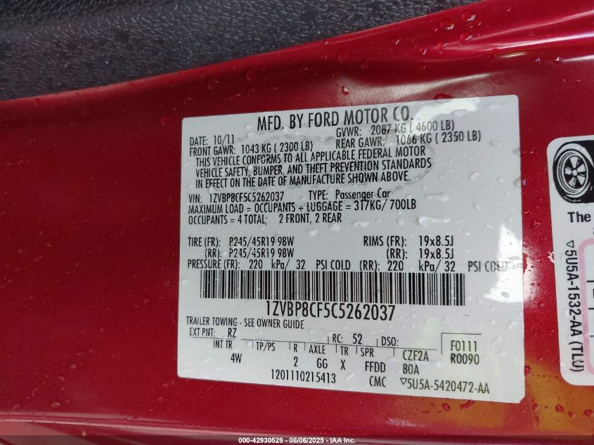 2012 Ford Mustang Gt Premium VIN: 1ZVBP8CF5C5262037 Lot: 42930529