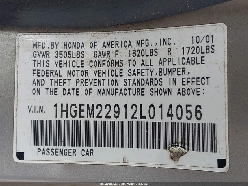 2002 Honda Civic Ex VIN: 1HGEM22912L014056 Lot: 42930546