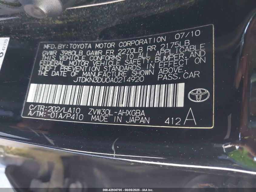 2010 Toyota Prius Iv VIN: JTDKN3DU0A0214920 Lot: 42930705