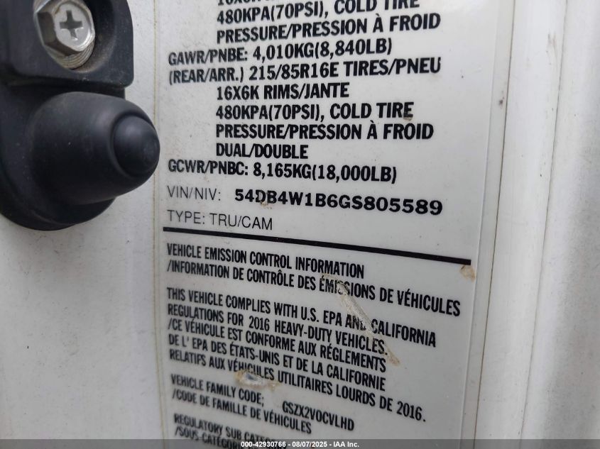 2016 Isuzu Npr Gas Reg VIN: 54DB4W1B6GS805589 Lot: 42930766