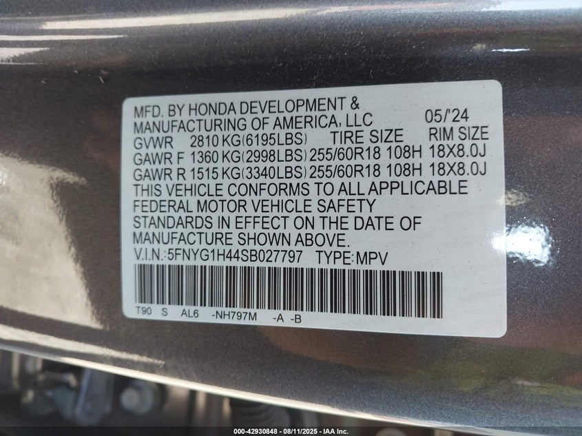 2025 Honda Pilot Ex-L VIN: 5FNYG1H44SB027797 Lot: 42930848