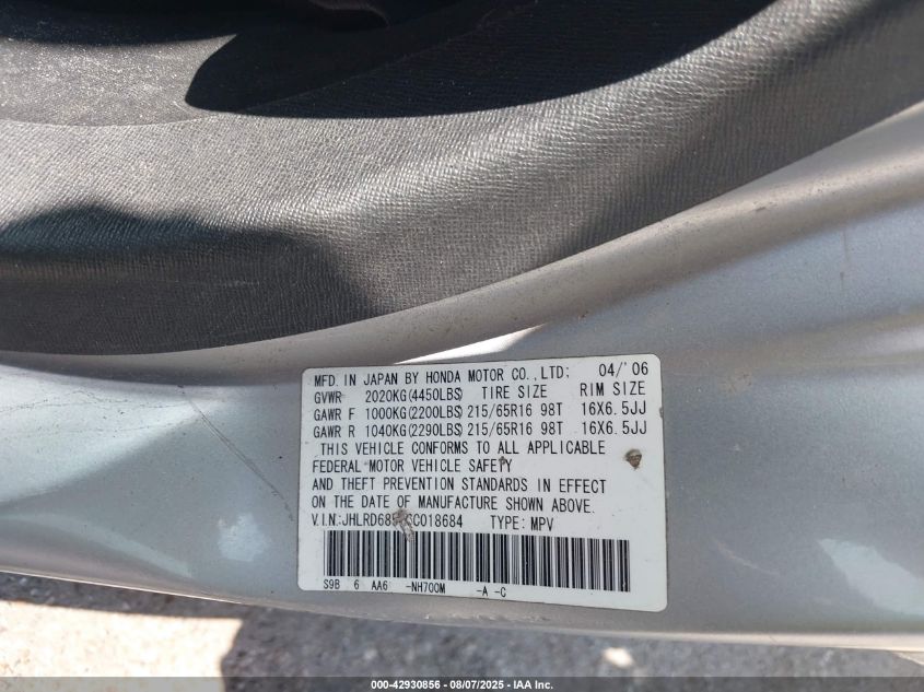 2006 Honda Cr-V Lx VIN: JHLRD68506C018684 Lot: 42930856