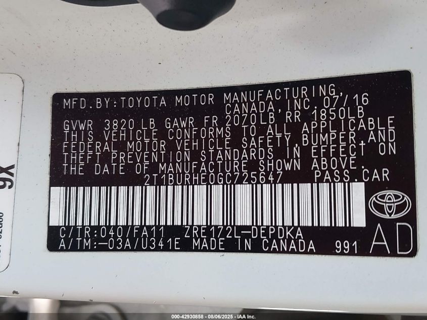 2016 Toyota Corolla L VIN: 2T1BURHE0GC725647 Lot: 42930858