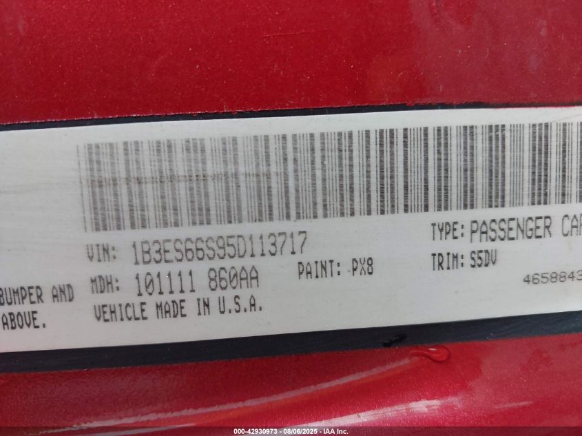 2005 Dodge Srt4 VIN: 1B3ES66S95D113717 Lot: 42930973