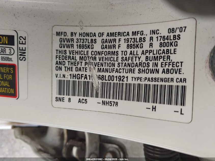 2008 Honda Civic Ex VIN: 1HGFA16868L001924 Lot: 42931062