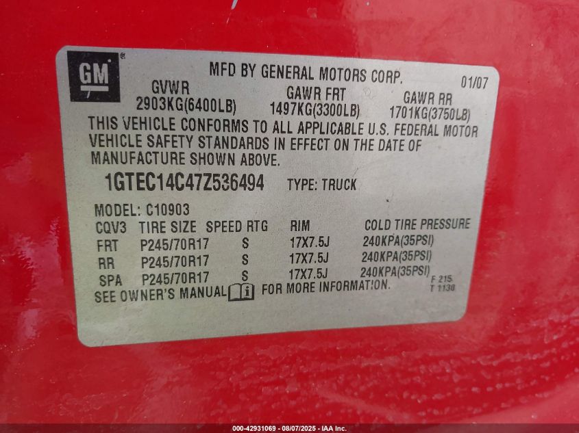 2007 GMC Sierra 1500 Work Truck VIN: 1GTEC14C47Z536494 Lot: 42931069