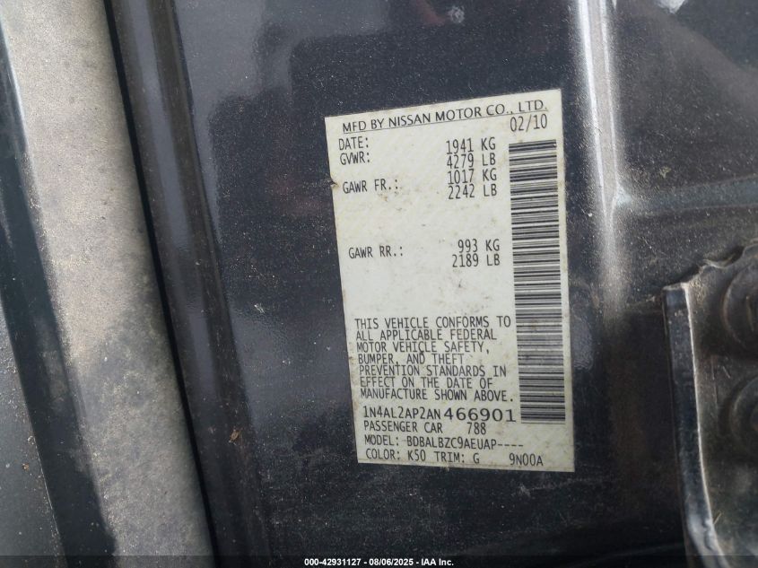 2010 Nissan Altima 2.5 S VIN: 1N4AL2AP2AN466901 Lot: 42931127