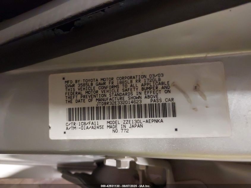 2003 Toyota Corolla Le VIN: JTDBR32E332014623 Lot: 42931130