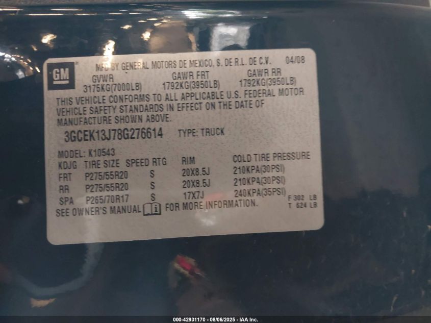 2008 Chevrolet Silverado 1500 Ltz VIN: 3GCEK13J78G276614 Lot: 42931170