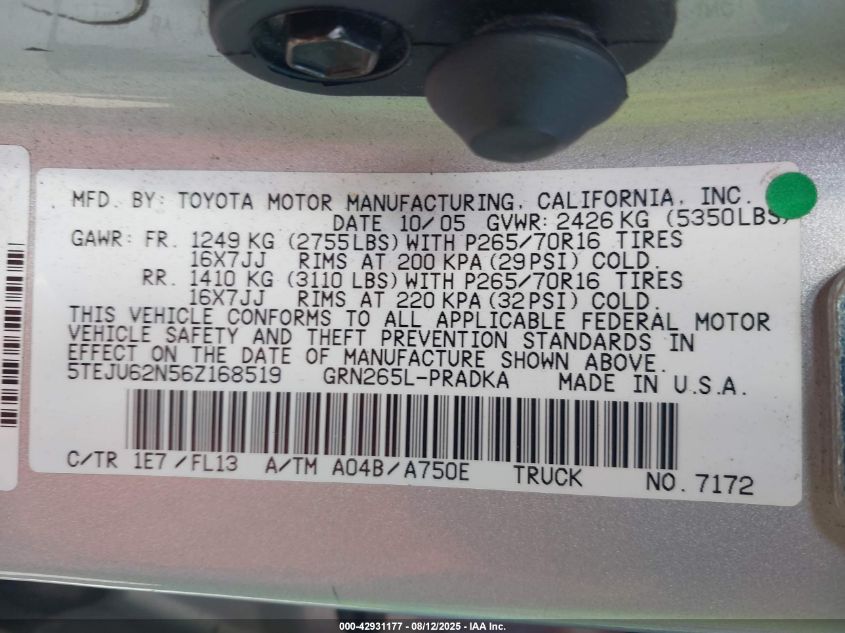 2006 Toyota Tacoma Prerunner V6 VIN: 5TEJU62N56Z168519 Lot: 42931177