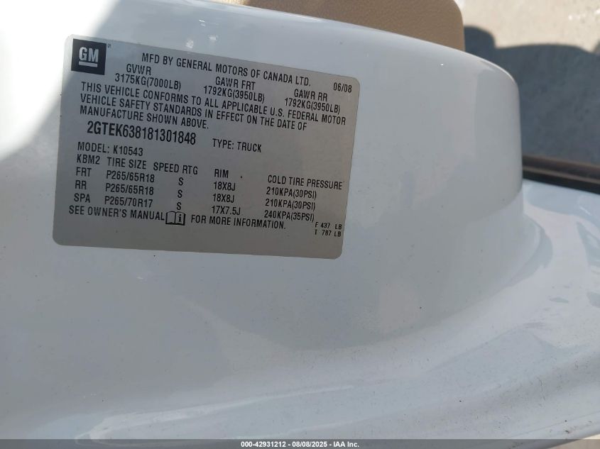 2008 GMC Sierra 1500 Denali VIN: 2GTEK638181301848 Lot: 42931212