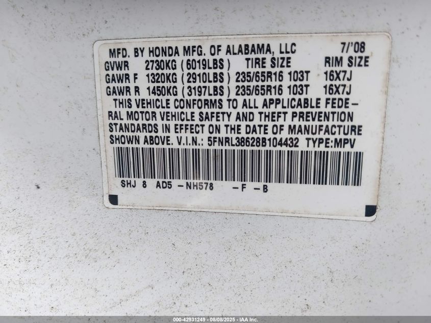 2008 Honda Odyssey Ex-L VIN: 5FNRL38628B104432 Lot: 42931249