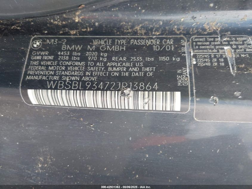 2002 BMW M3 VIN: WBSBL93472JR13864 Lot: 42931362