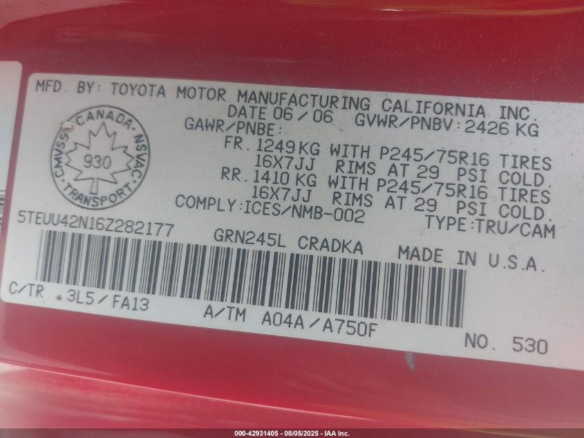 2006 Toyota Tacoma Base V6 VIN: 5TEUU42N16Z282177 Lot: 42931405