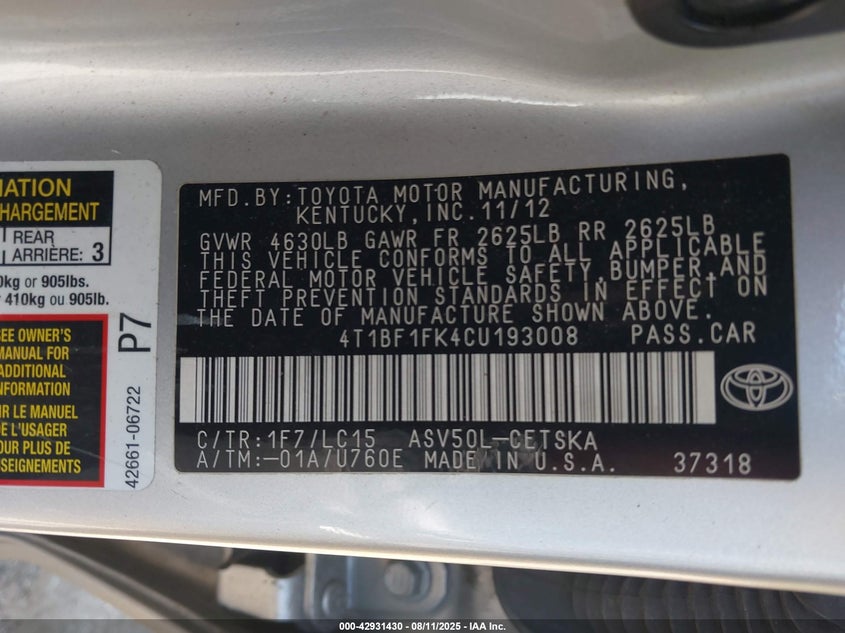 2012 Toyota Camry Se VIN: 4T1BF1FK4CU193008 Lot: 42931430