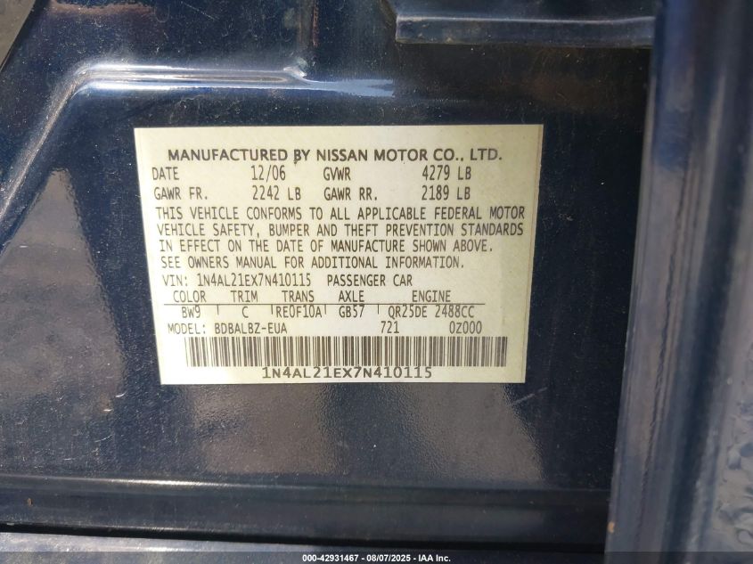 2007 Nissan Altima 2.5 S VIN: 1N4AL21EX7N410115 Lot: 42931467