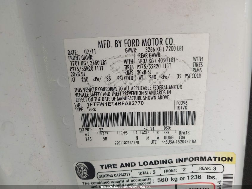 2011 Ford F-150 Fx4 VIN: 1FTFW1ET4BFA82770 Lot: 42931475