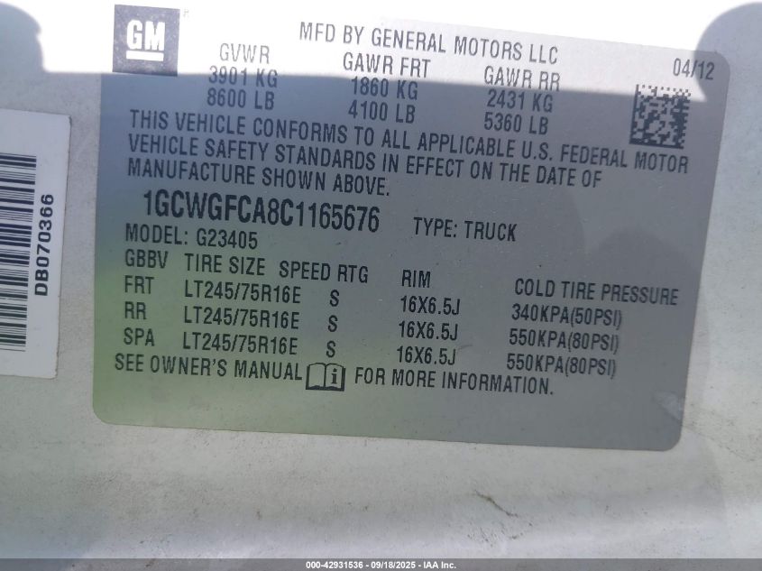 2012 Chevrolet Express 2500 Work Van VIN: 1GCWGFCA8C1165676 Lot: 42931536