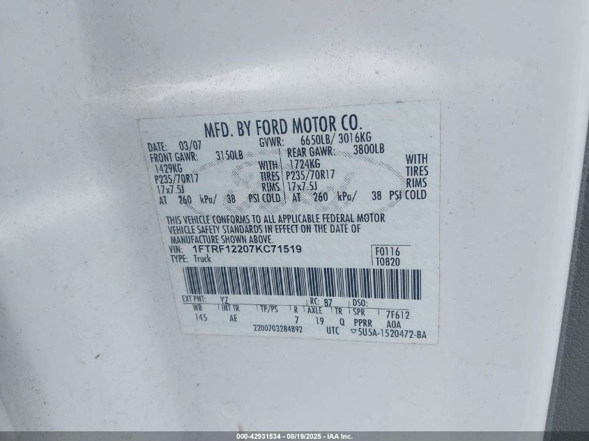 2007 Ford F-150 Stx/Xl/Xlt VIN: 1FTRF12207KC71519 Lot: 42931534