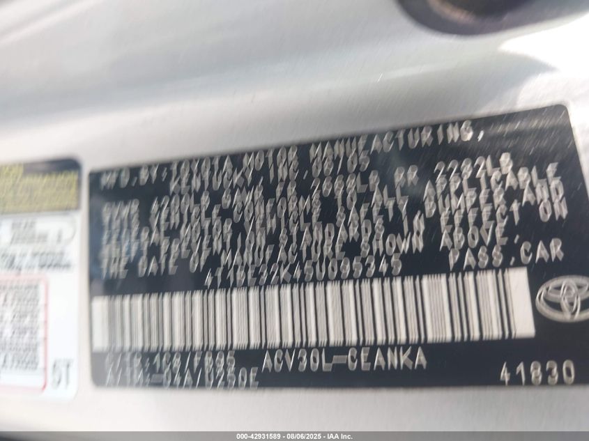 2005 Toyota Camry Std VIN: 4T1BE32K45U095345 Lot: 42931589