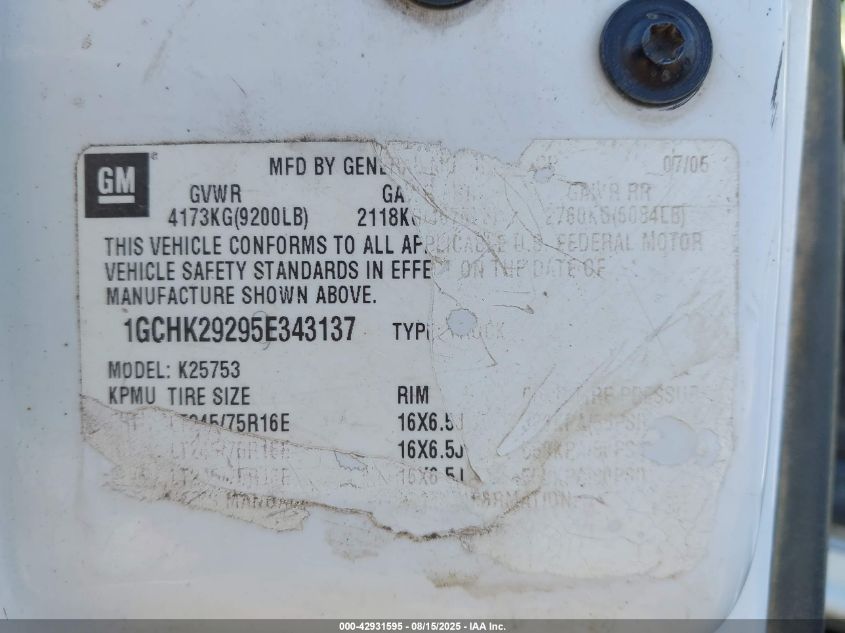 2005 Chevrolet Silverado 2500Hd Ls VIN: 1GCHK29295E343137 Lot: 42931595