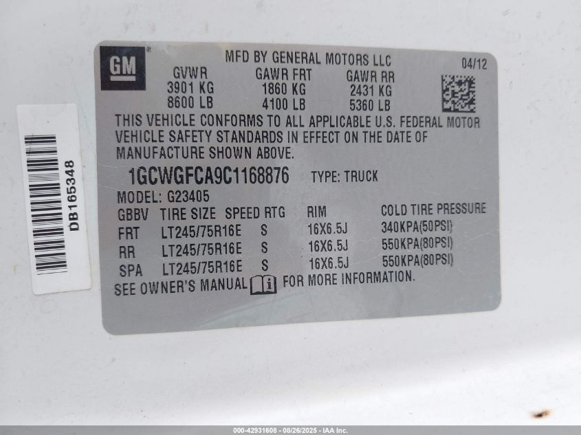 2012 Chevrolet Express 2500 Work Van VIN: 1GCWGFCA9C1168876 Lot: 42931608