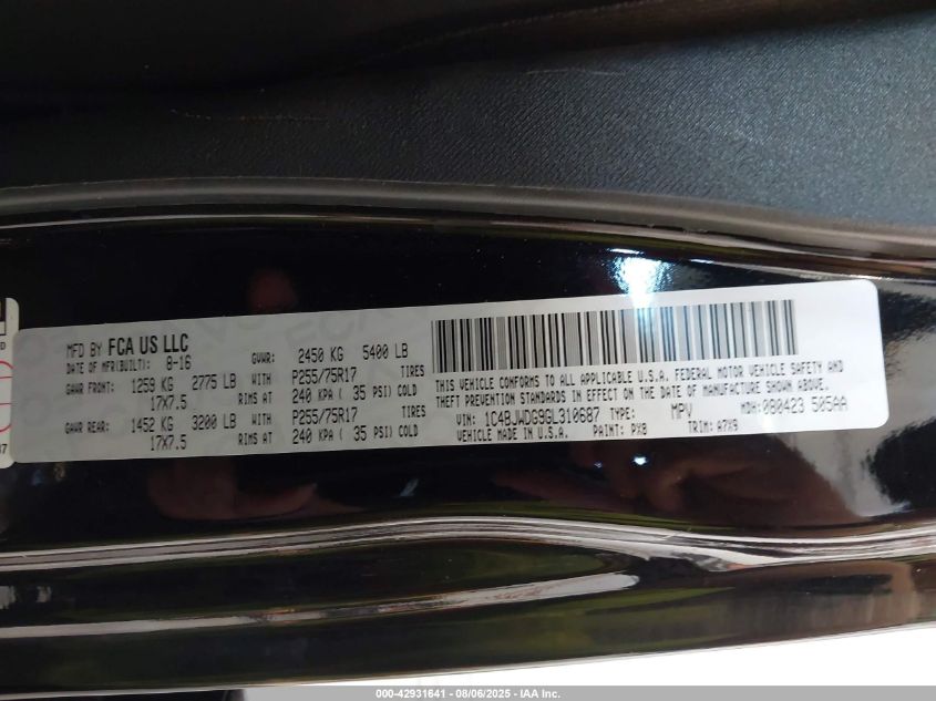 2016 Jeep Wrangler Unlimited Sport VIN: 1C4BJWDG9GL310687 Lot: 42931641