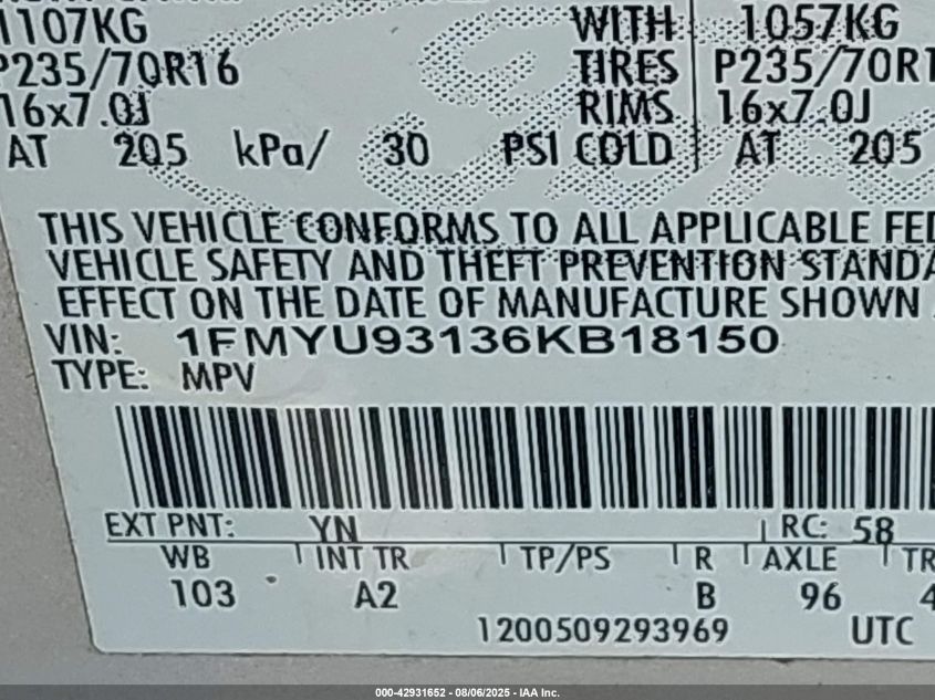 2006 Ford Escape Xlt/Xlt Sport VIN: 1FMYU93136KB18150 Lot: 42931652