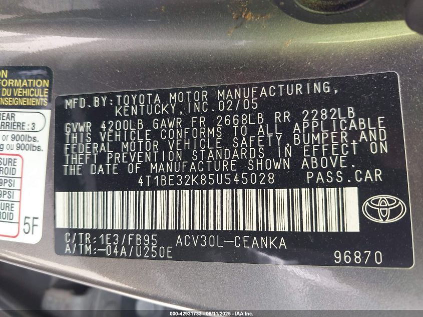 2005 Toyota Camry Le VIN: 4T1BE32K85U545028 Lot: 42931733