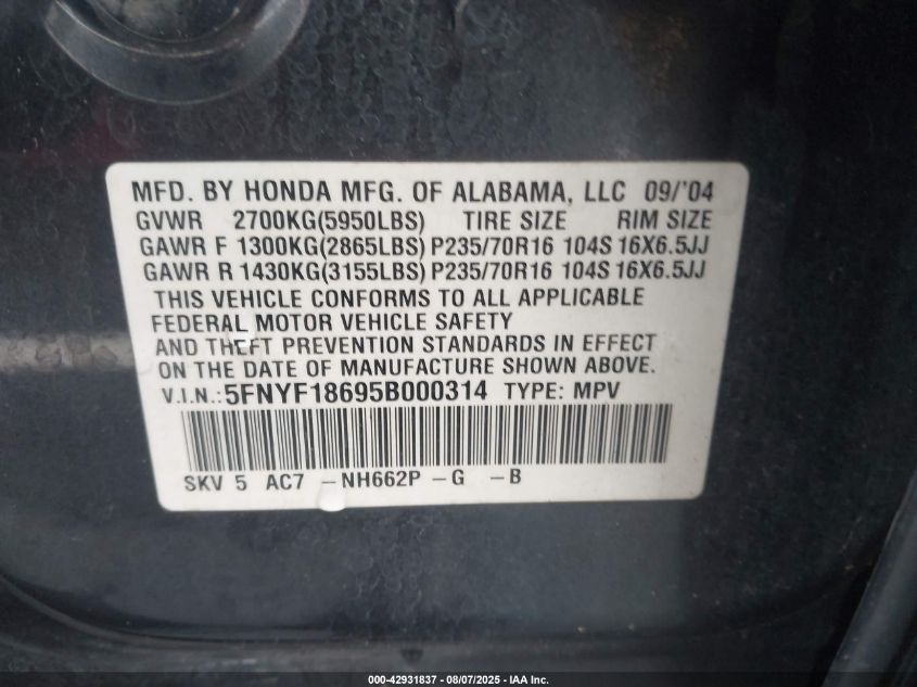 2005 Honda Pilot Ex-L VIN: 5FNYF18695B000314 Lot: 42931837