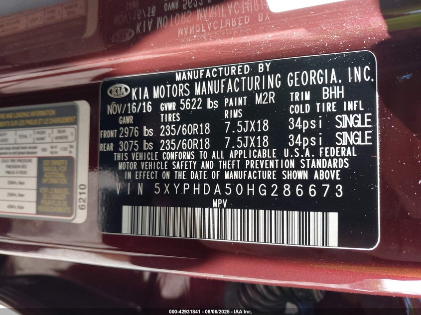 2017 Kia Sorento 3.3L Ex VIN: 5XYPHDA50HG286673 Lot: 42931841