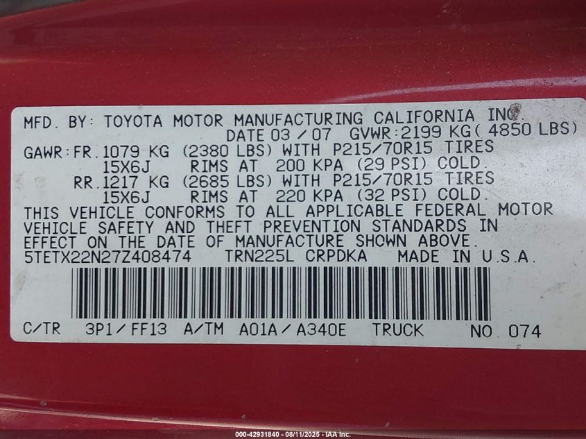 2007 Toyota Tacoma VIN: 5TETX22N27Z408474 Lot: 42931840