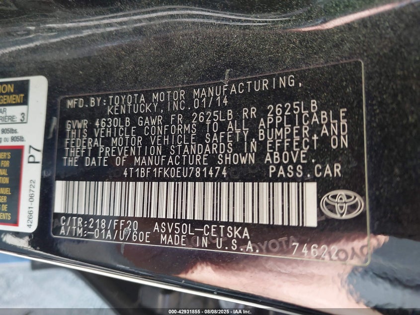 2014 Toyota Camry Se VIN: 4T1BF1FK0EU781474 Lot: 42931855