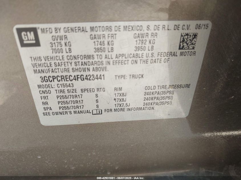 2015 Chevrolet Silverado 1500 1Lt VIN: 3GCPCREC4FG423441 Lot: 42931881