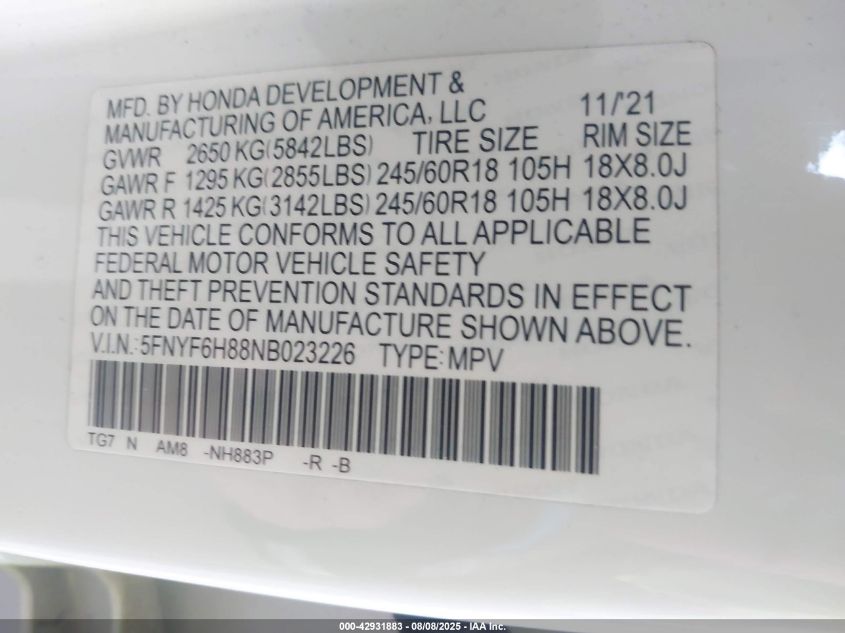 2022 Honda Pilot Awd Trailsport VIN: 5FNYF6H88NB023226 Lot: 42931883