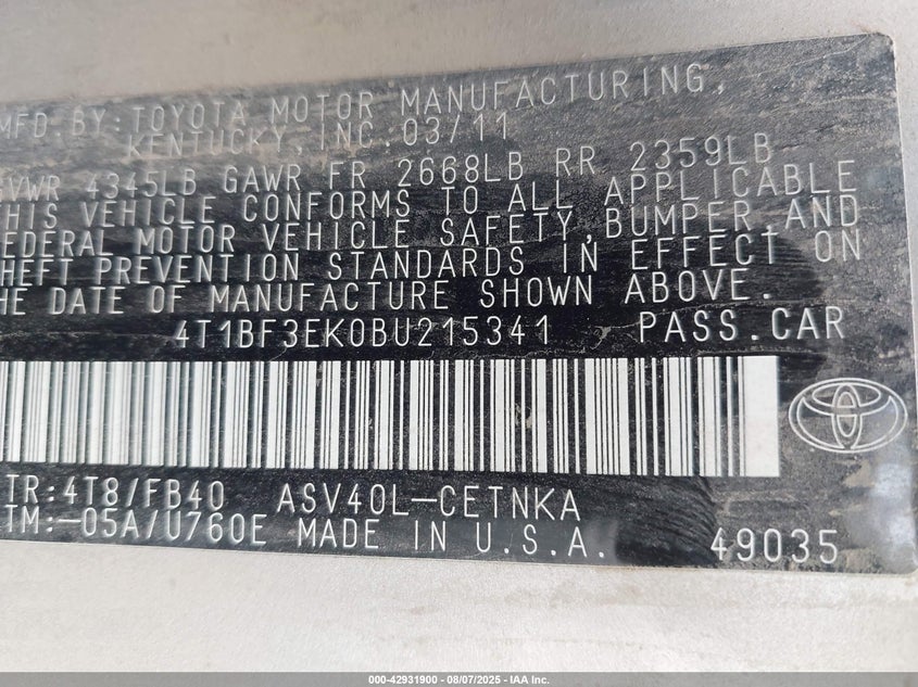 2011 Toyota Camry Le VIN: 4T1BF3EK0BU215341 Lot: 42931900