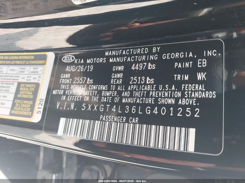 2020 Kia Optima Lx VIN: 5XXGT4L36LG401252 Lot: 42931904