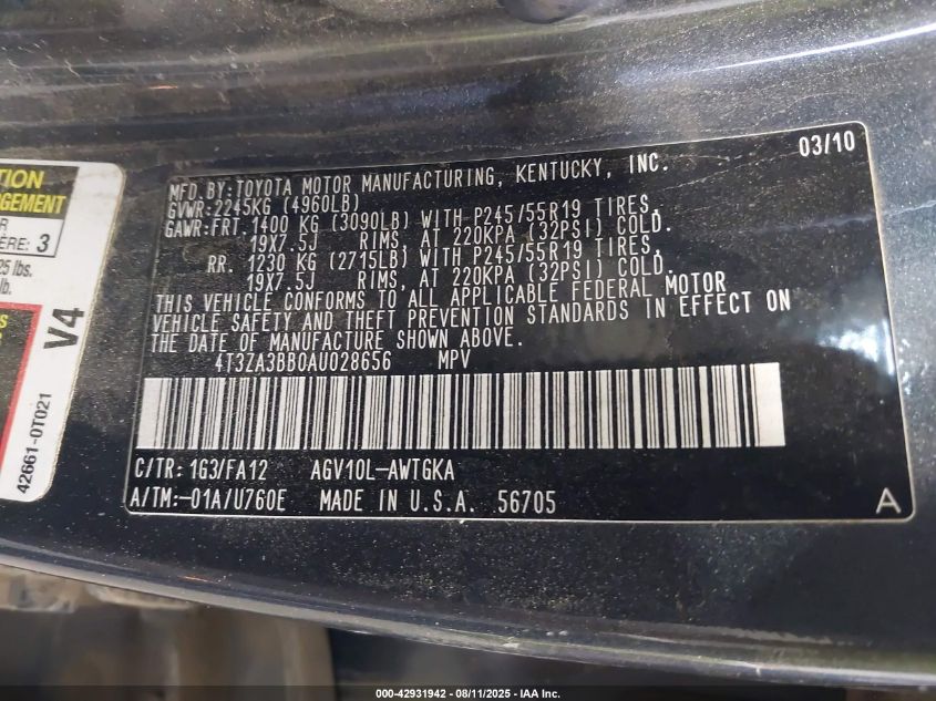 2010 Toyota Venza VIN: 4T3ZA3BB0AU028656 Lot: 42931942
