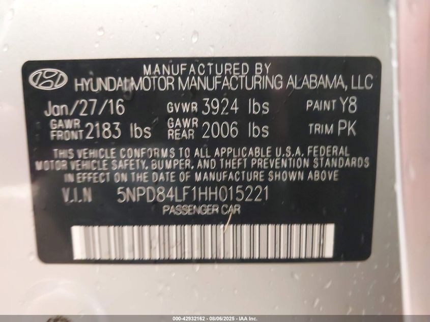 2017 Hyundai Elantra Se VIN: 5NPD84LF1HH015221 Lot: 42932162