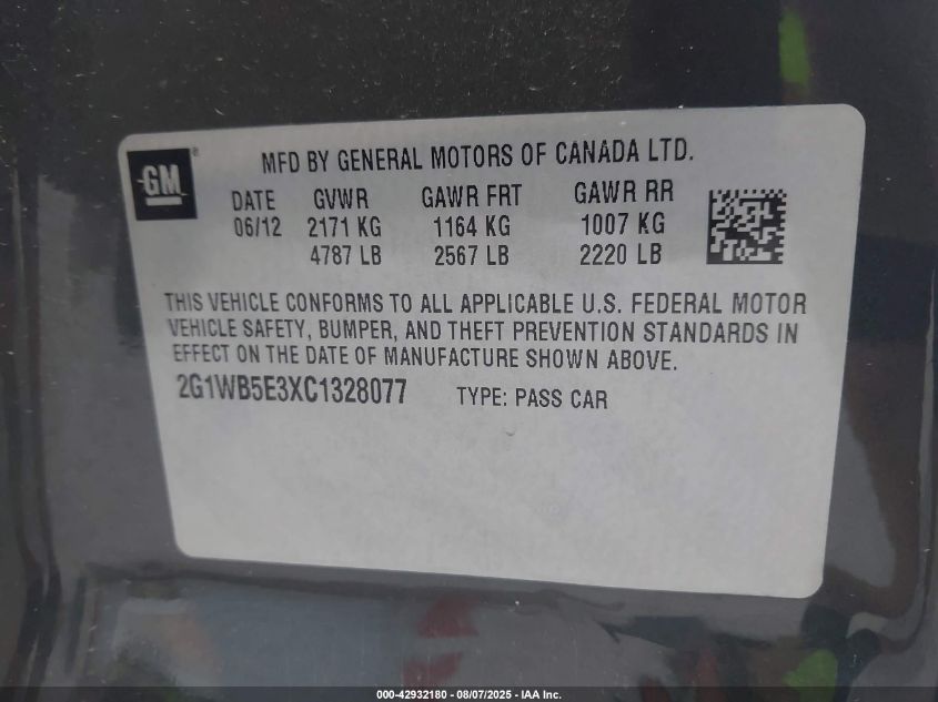 2012 Chevrolet Impala Lt VIN: 2G1WB5E3XC1328077 Lot: 42932180