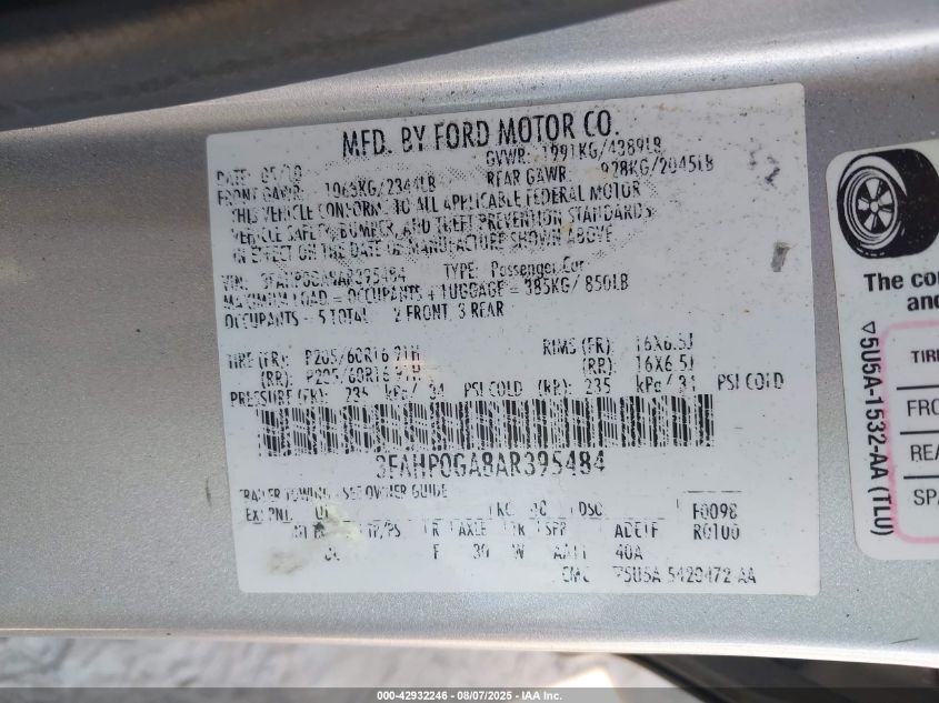 2010 Ford Fusion S VIN: 3FAHP0GA8AR395484 Lot: 42932246