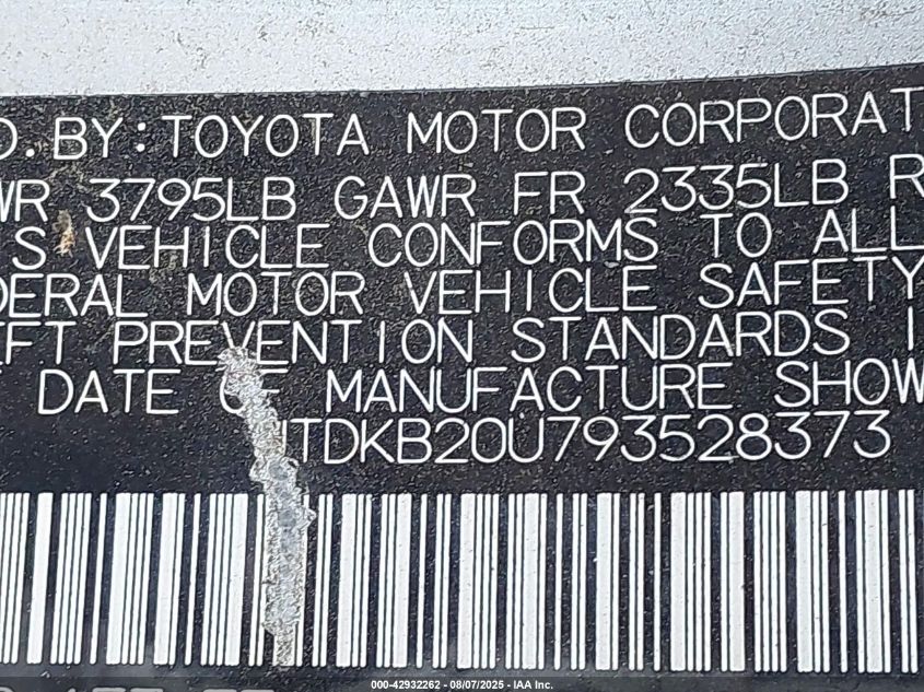 2009 Toyota Prius Touring VIN: JTDKB20U793528373 Lot: 42932262