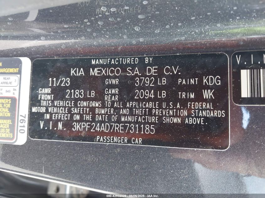 2024 Kia Forte Lxs VIN: 3KPF24AD7RE731185 Lot: 42932329