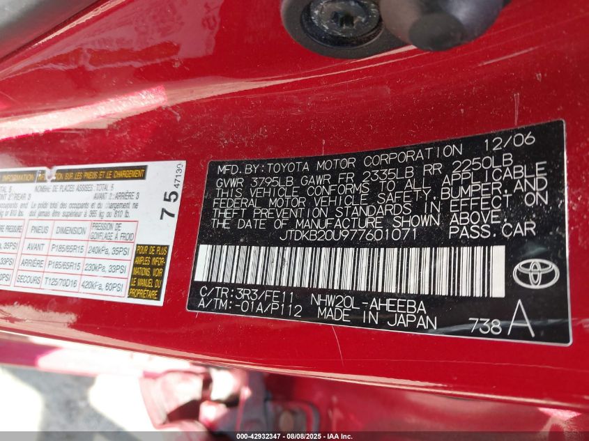 2007 Toyota Prius VIN: JTDKB20U977601071 Lot: 42932347