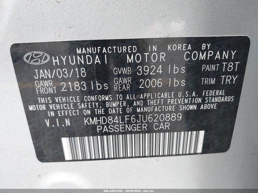 VIN KMHD84LF6JU620889 2018 HYUNDAI ELANTRA SEL