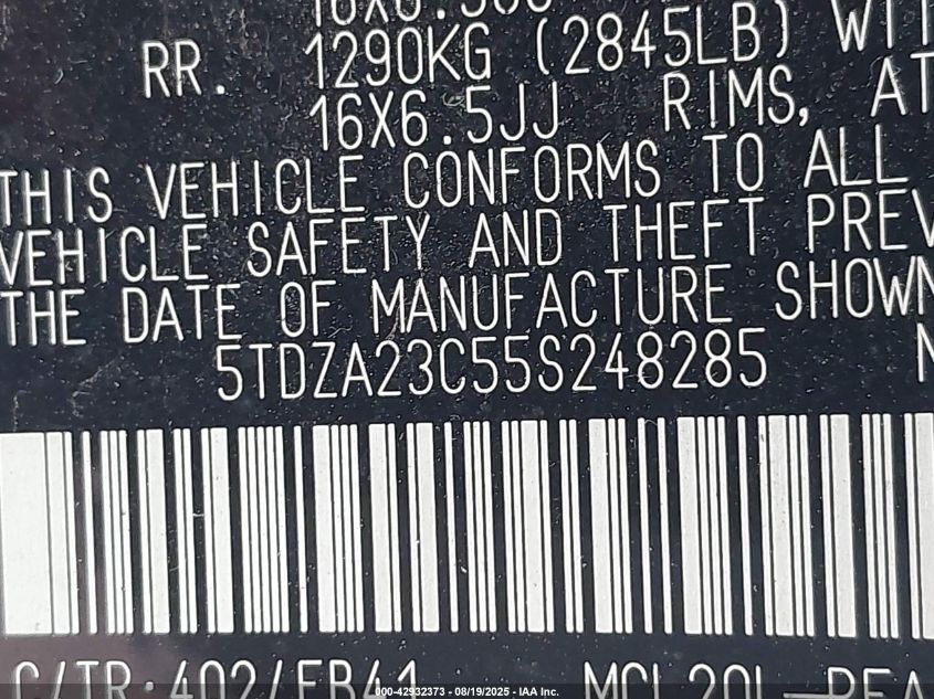 2005 Toyota Sienna Le VIN: 5TDZA23C55S248285 Lot: 42932373